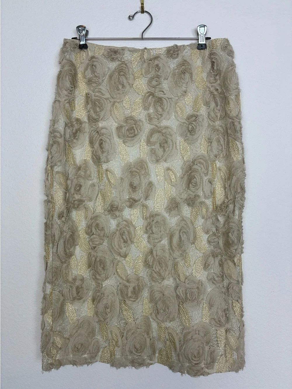 Anewsta Gold & Beige Applique Floral Lace w/ Metallic Mesh Skirt